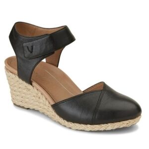 Vionic Loika Wedge Espadrille Black Leather Comfort Orthotic Women's Sz 7 WIDE